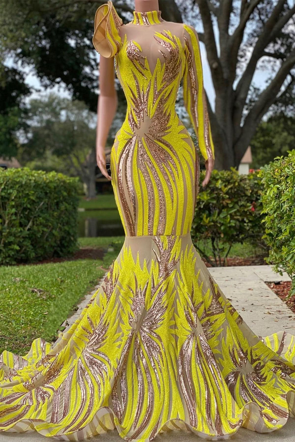 Light Yellow One-Shoulder Halter Mermaid Prom Dress with Classic Appliqueds BM bride