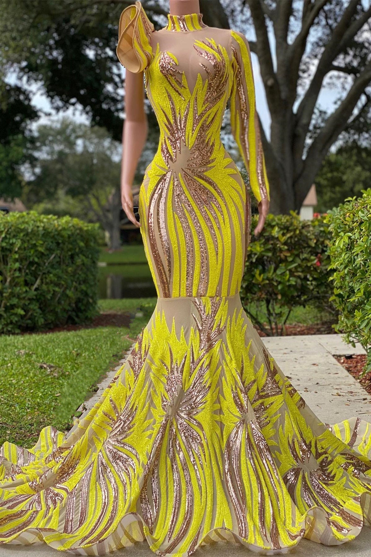 Light Yellow One-Shoulder Halter Mermaid Prom Dress with Classic Appliqueds BM bride