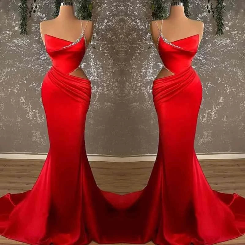 One-Shoulder Spaghetti-Strap Red Slim Mermaid Prom Dress BM bride