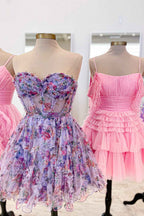 Pink Corset Sweetheart Flower A-Line Short Homecoming Dress with Ruffles Bmbride