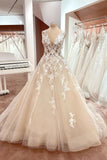 Vintage A-Line V-Neck Wide Strap Backless Wedding Dress with Tulle and Lace Appliques BM bride