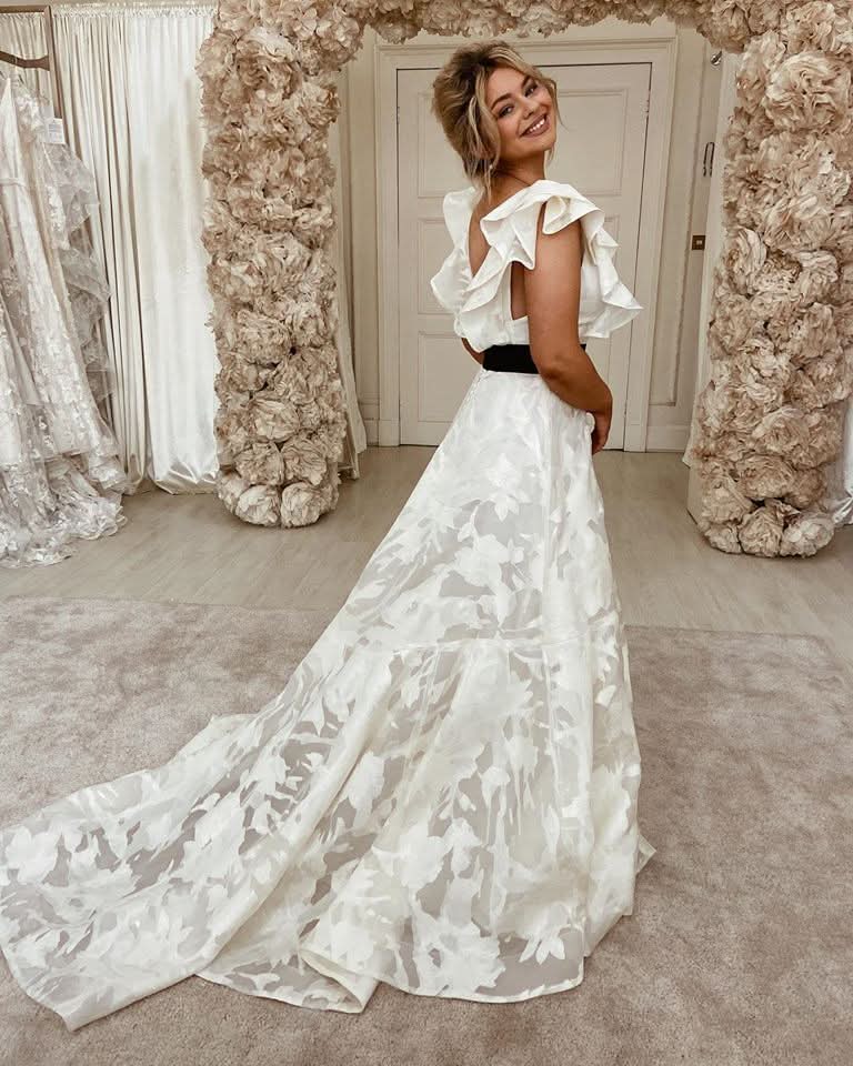 A-Line Off-the-Shoulder Backless Lace Pearl Wedding Dress with Sash Appliques BM bride