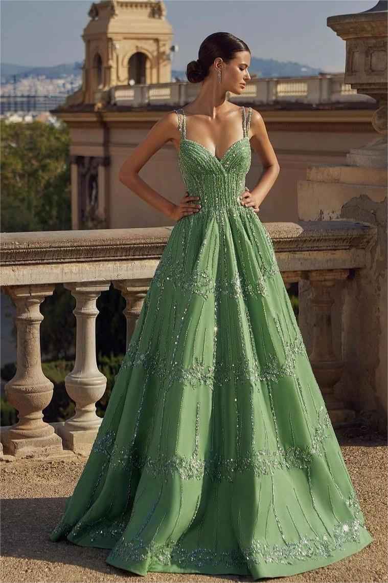 Green Spaghetti Strap Sweetheart Sleeveless Prom Dress With Bead Embroidery