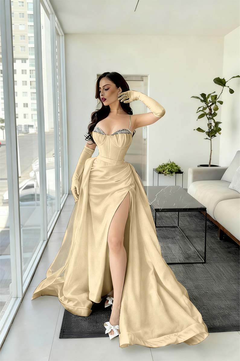 Spaghetti Strap Sleeveless Long Mermaid Prom Dress With Split Gloves BMBRIDE