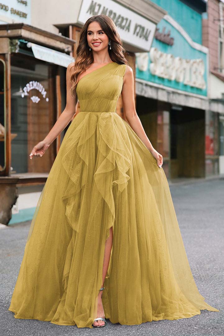 One Shoulder Sleeveless Long Split Prom Dress With Sequins Tulle