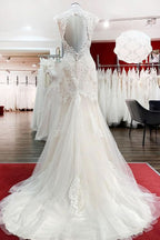 Sweetheart Open Back Long Mermaid Wedding Dress with Lace Appliques BM bride