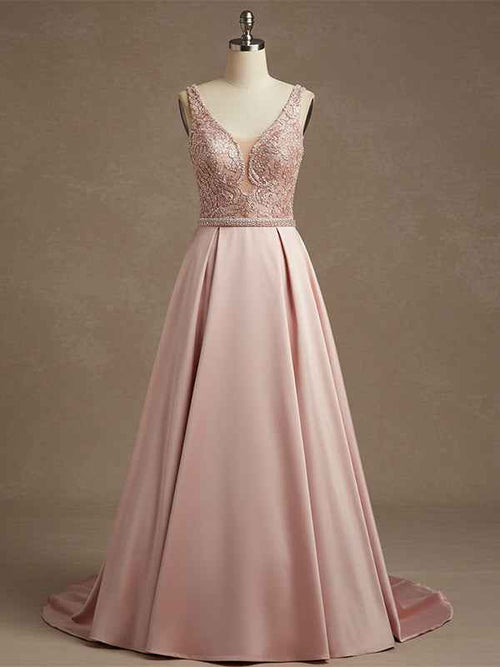 Pink A-line V-Neck Floor-Length Satin Lace Prom Dress With Sequins BMBRIDE