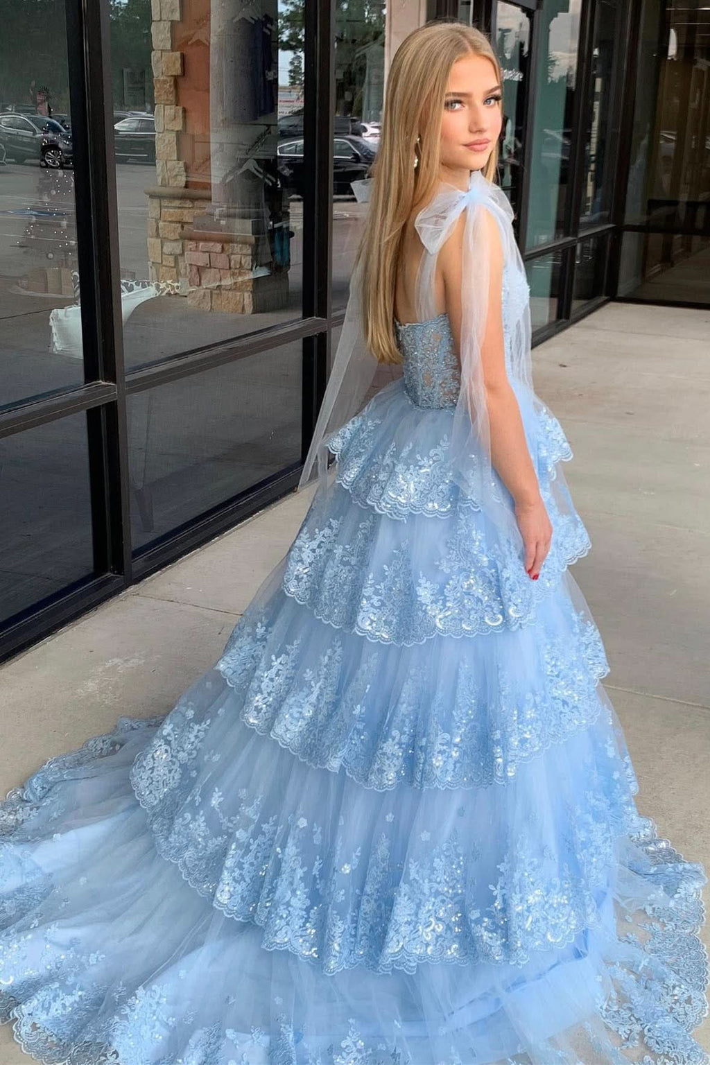 Charming Light Blue Tulle Appliques Tying Strap Ruffle Tiered Long Prom Dress BM bride