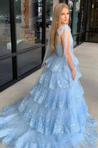 Charming Light Blue Tulle Appliques Tying Strap Ruffle Tiered Long Prom Dress BM bride