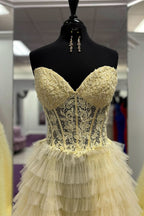 Elegant A-Line Strapless Multi-Layers Tulle Prom Dress with Slit BM bride