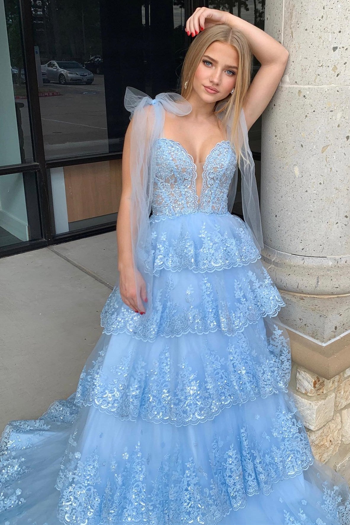 Charming Light Blue Tulle Appliques Tying Strap Ruffle Tiered Long Prom Dress BM bride