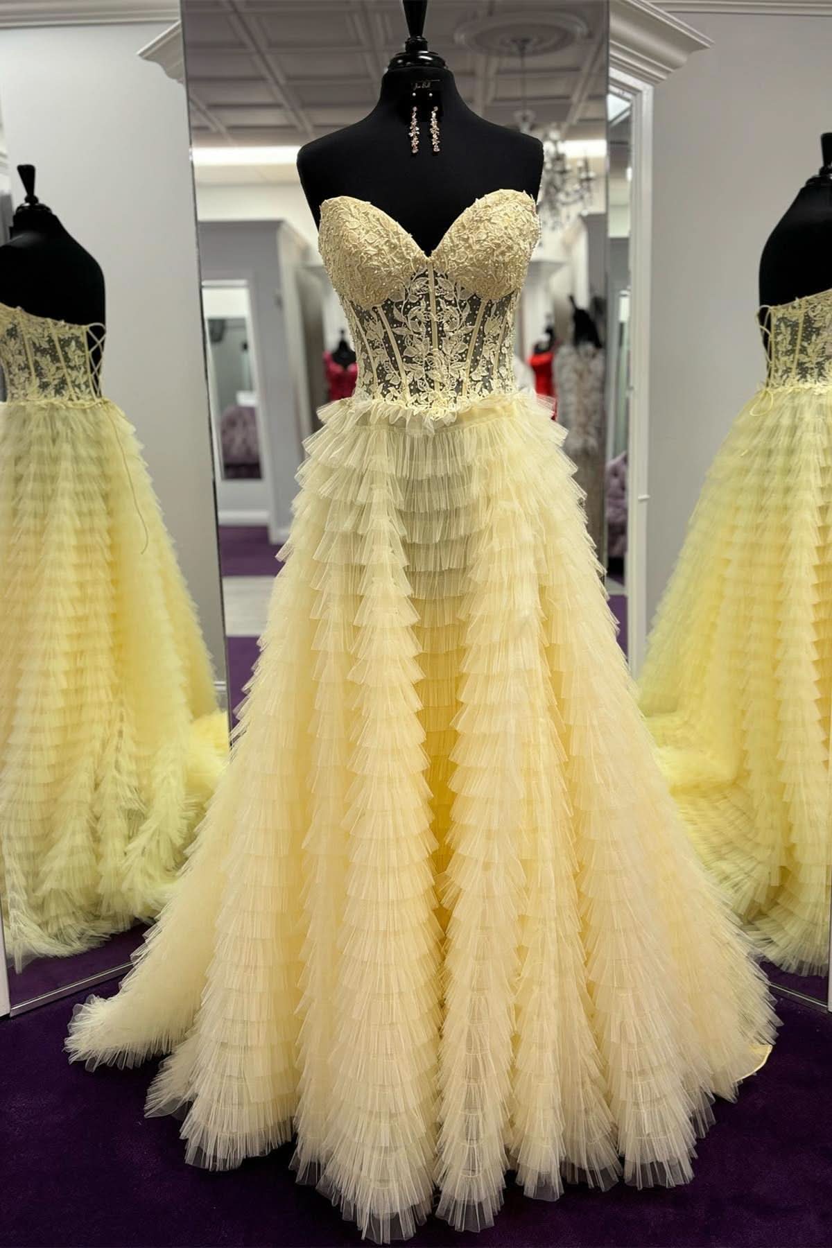 Elegant A-Line Strapless Multi-Layers Tulle Prom Dress with Slit BM bride