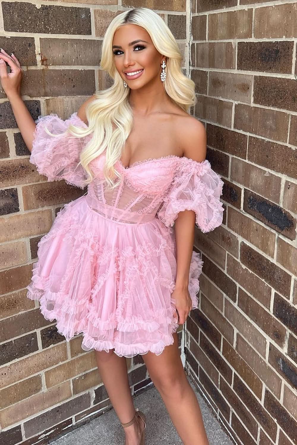 Off the Shoulder Tulle A-Line Homecoming Dress BM bride