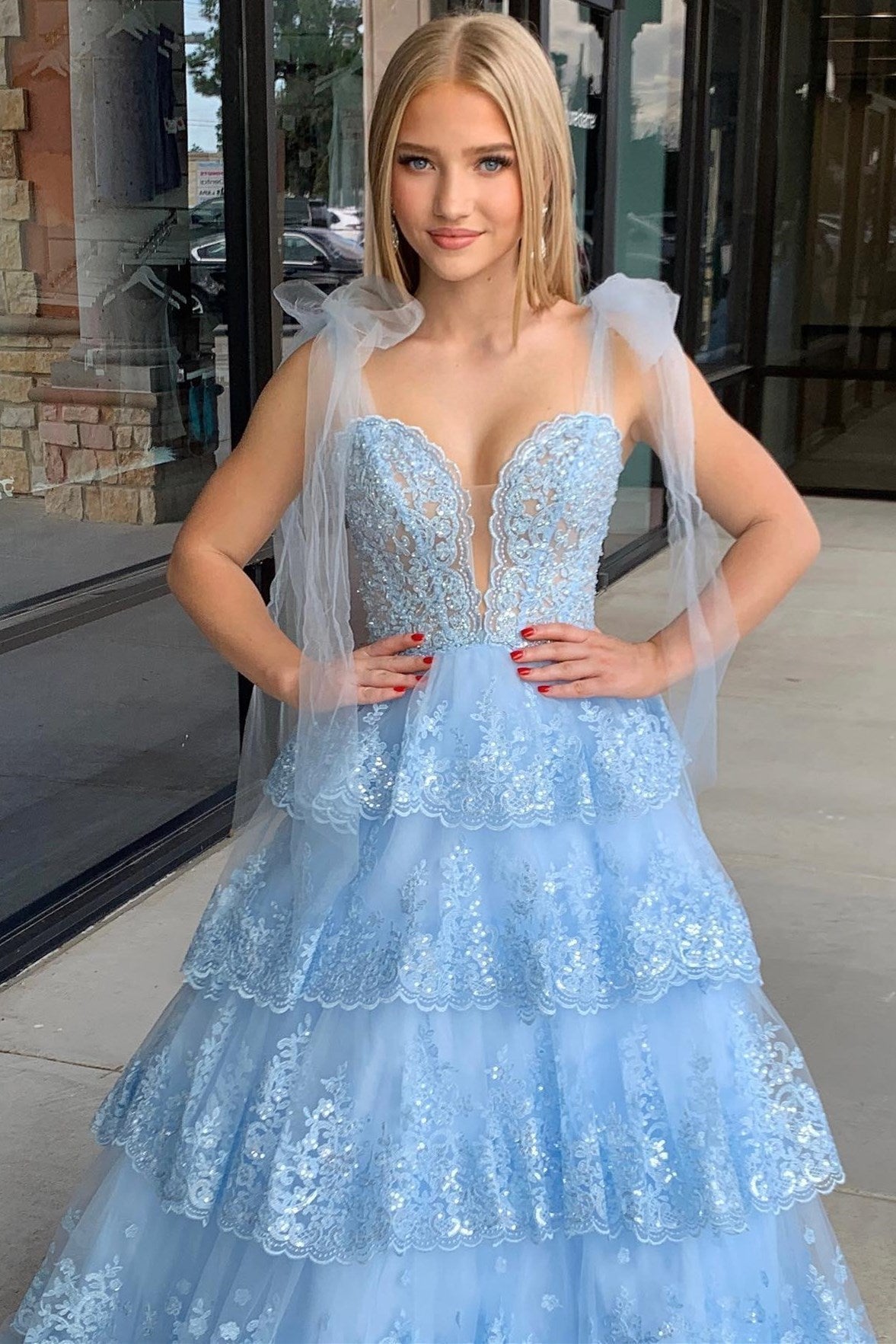 Charming Light Blue Tulle Appliques Tying Strap Ruffle Tiered Long Prom Dress BM bride