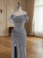 Sparkly Off-the-Shoulder Mesh Ruched Bodice Long Prom Dress with High Slit