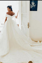 White V-Neck Off-the-Shoulder Ball Gown Wedding Dress with Lace BM bride