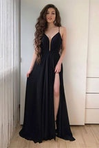Black Spaghetti-Straps Long Prom Dress with Split BM bride