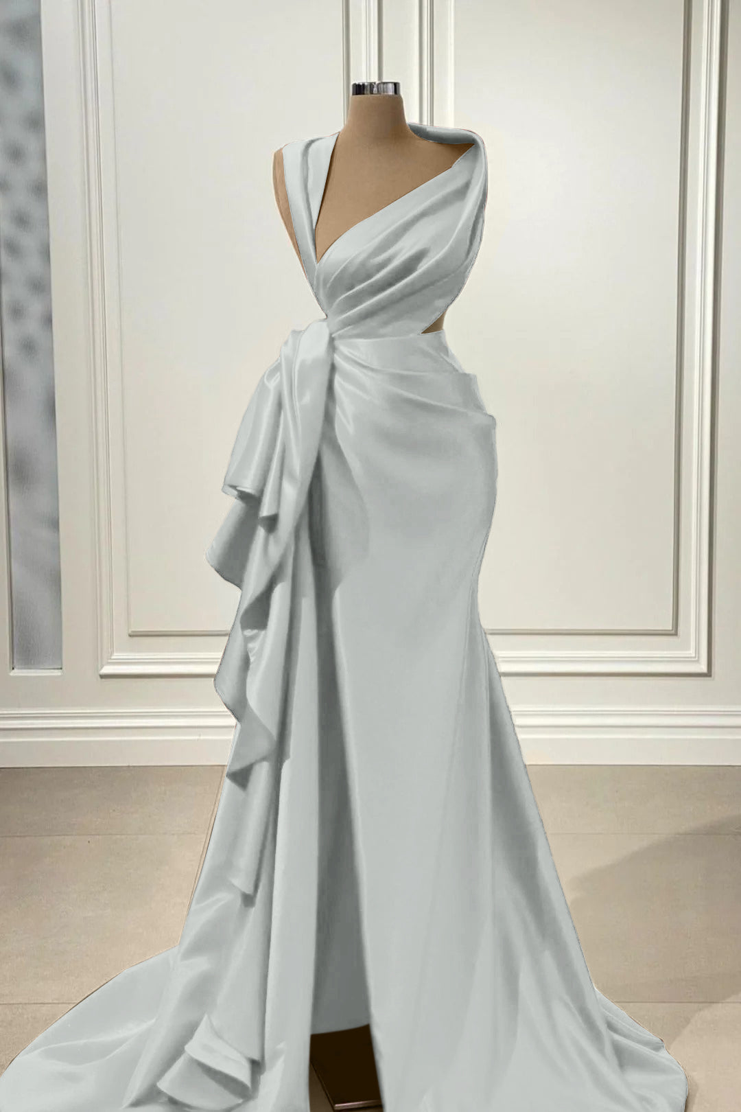 Elegant Red Charmeuse Sleeveless Long Prom Dress With High Slit