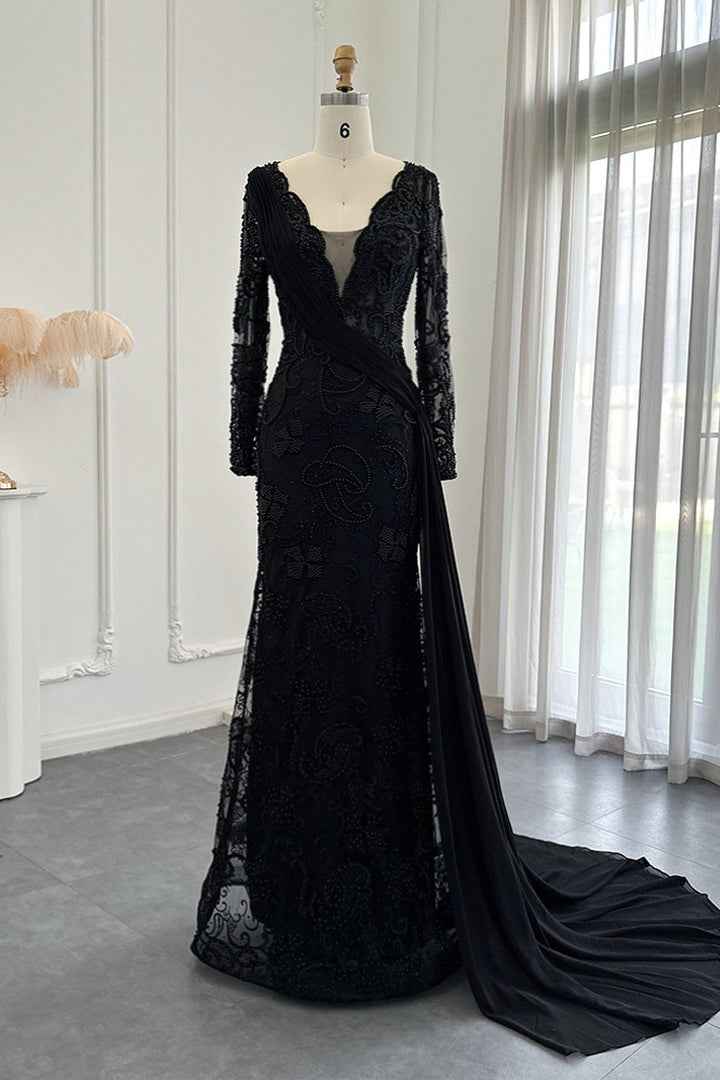 Black V Neck Mermaid Prom Dress Long Sleeves With Appliques Ruffles