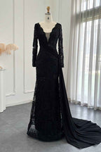 Black V Neck Mermaid Prom Dress Long Sleeves With Appliques Ruffles