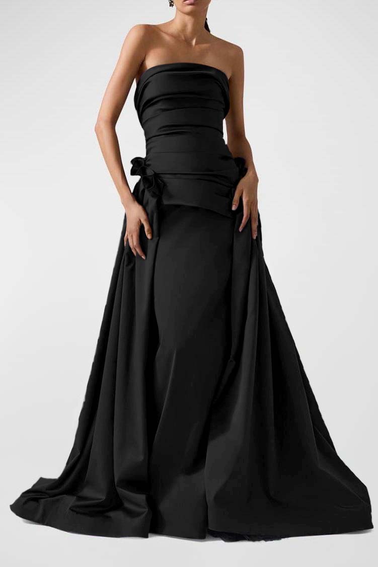 Strapless Backless Sleeveless Long A Line Prom Dress With Pleated BMBRIDE