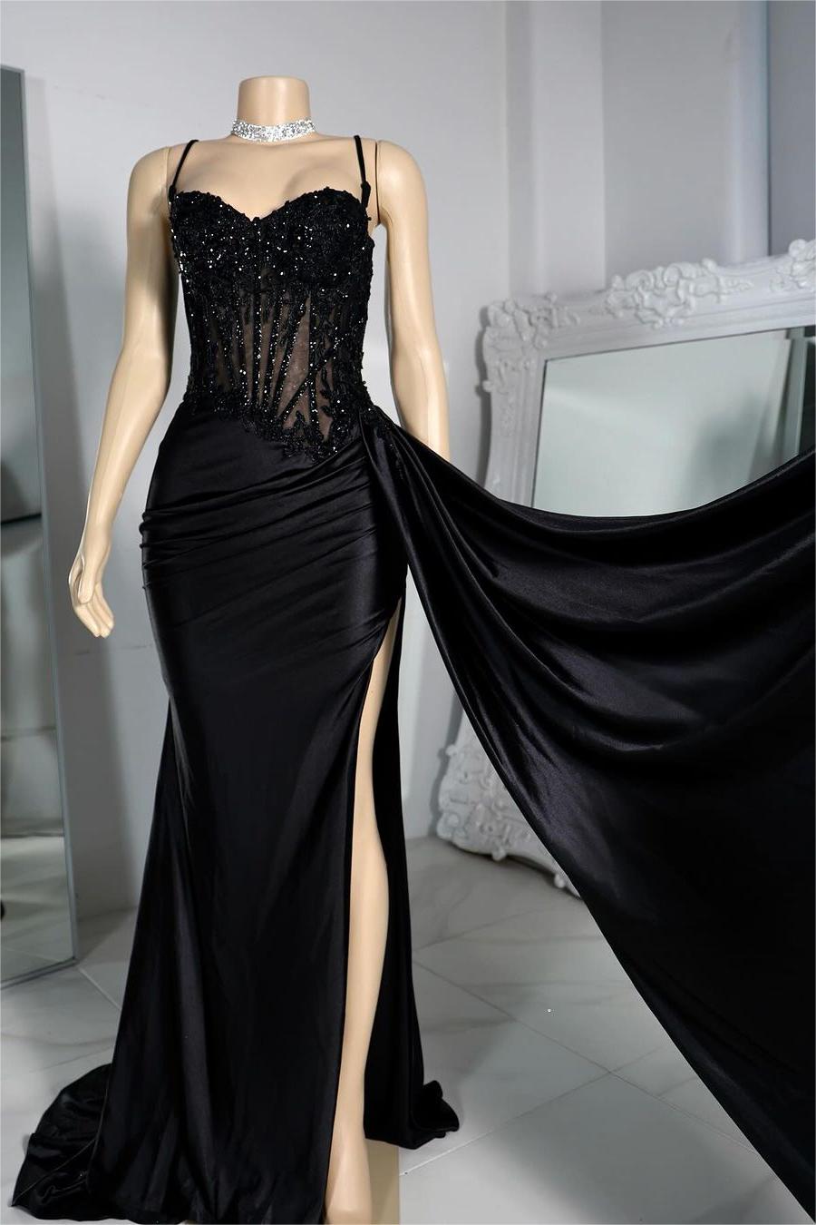 Exquisite Black Spaghetti Strap Sleeveless Pleated Long Split Prom Dress With Beading BMBRIDE