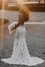 Sheer Strap Chapel Train Lace Mermaid Wedding Dress with Beading BM bride