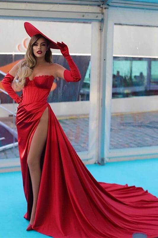 Charming Red Off-the-Shoulder Strapless Long Sleeve Evening Dress with Slit BM bride