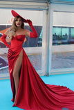Charming Red Off-the-Shoulder Strapless Long Sleeve Evening Dress with Slit BM bride