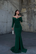 Off the Shoulder Long Sleeves Split Long Prom Dress With Pleated BMBRIDE