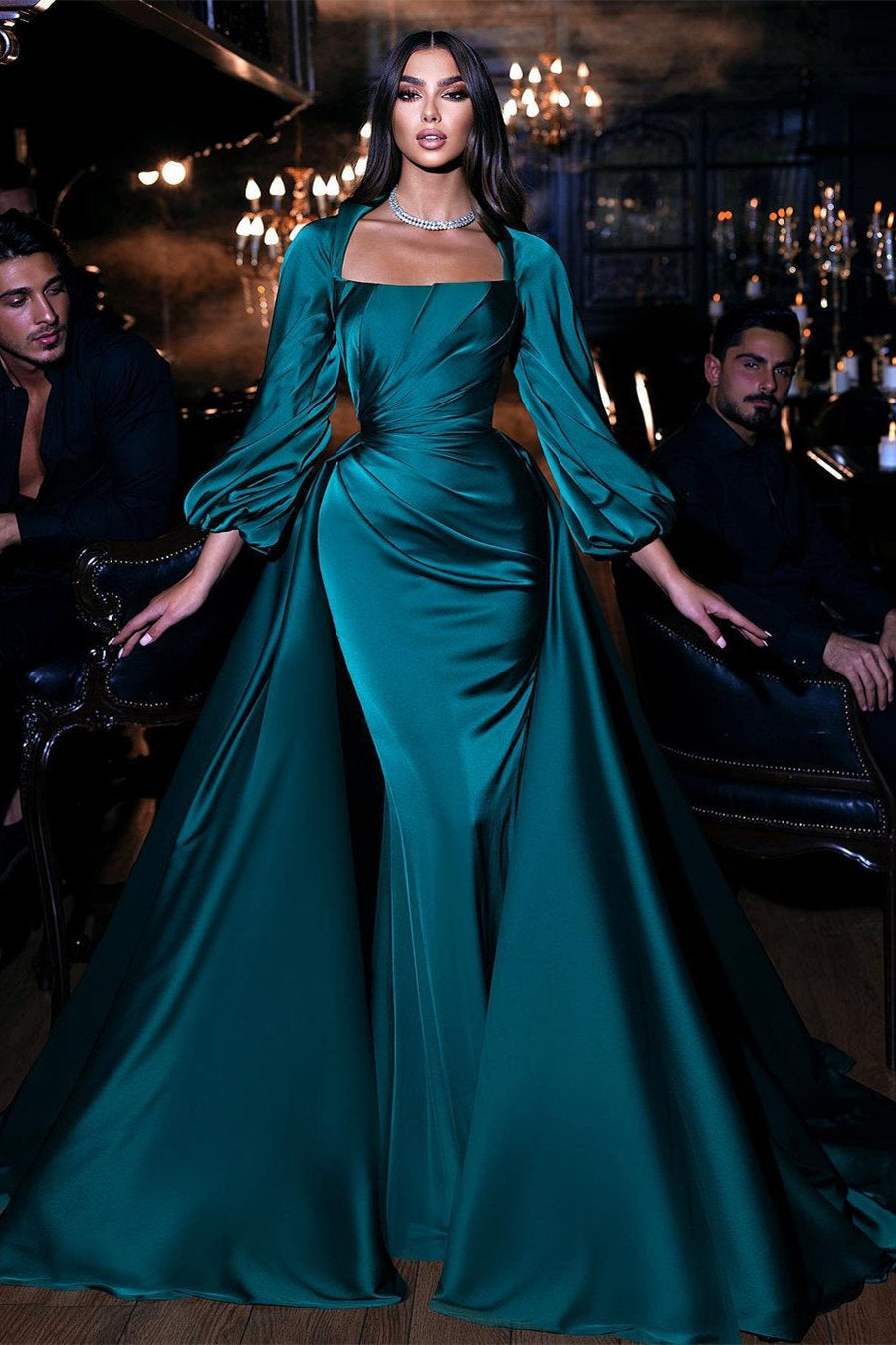 Square Emerald Long Sleeves Pleated Long Mermaid Prom Dress With Ruffles