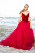Burgundy Velvet V-Neck Tulle Prom Dress BM bride