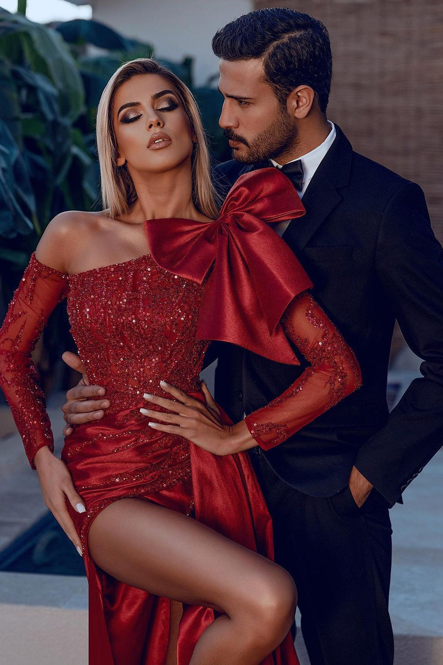 Long Sleeves Strapless Bowknot Burgundy Sequins Mermaid Prom Dress With Split BMBRIDE