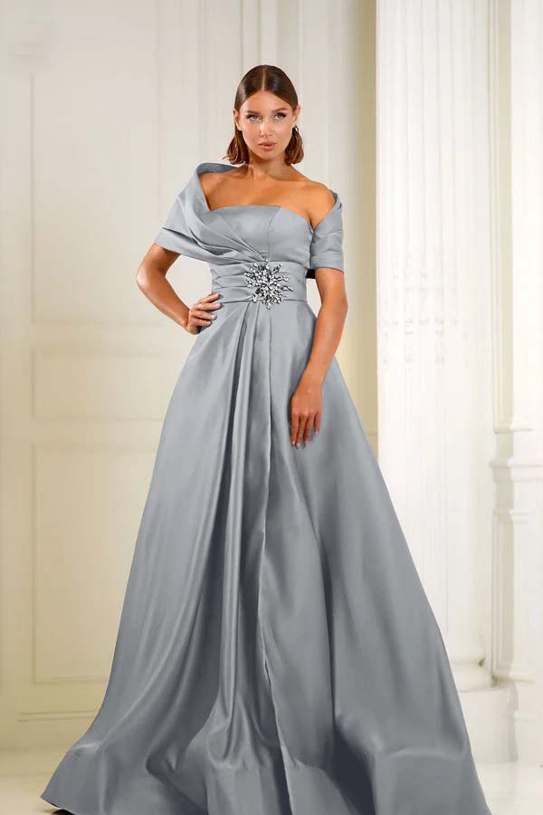 Off the Shoulder Sleeveless Long Prom Dress With Pleated Beading BMBRIDE