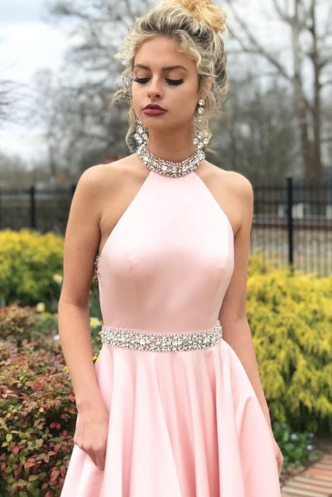 Pink Halter Sleeveless Beaded Mermaid Prom Dress BM bride