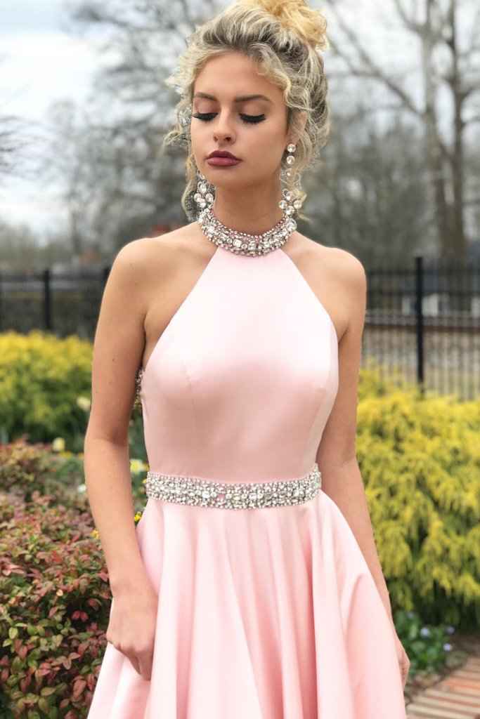 Halter Sleeveless Backless A Line Long Prom Dress Pink Belt With beadings