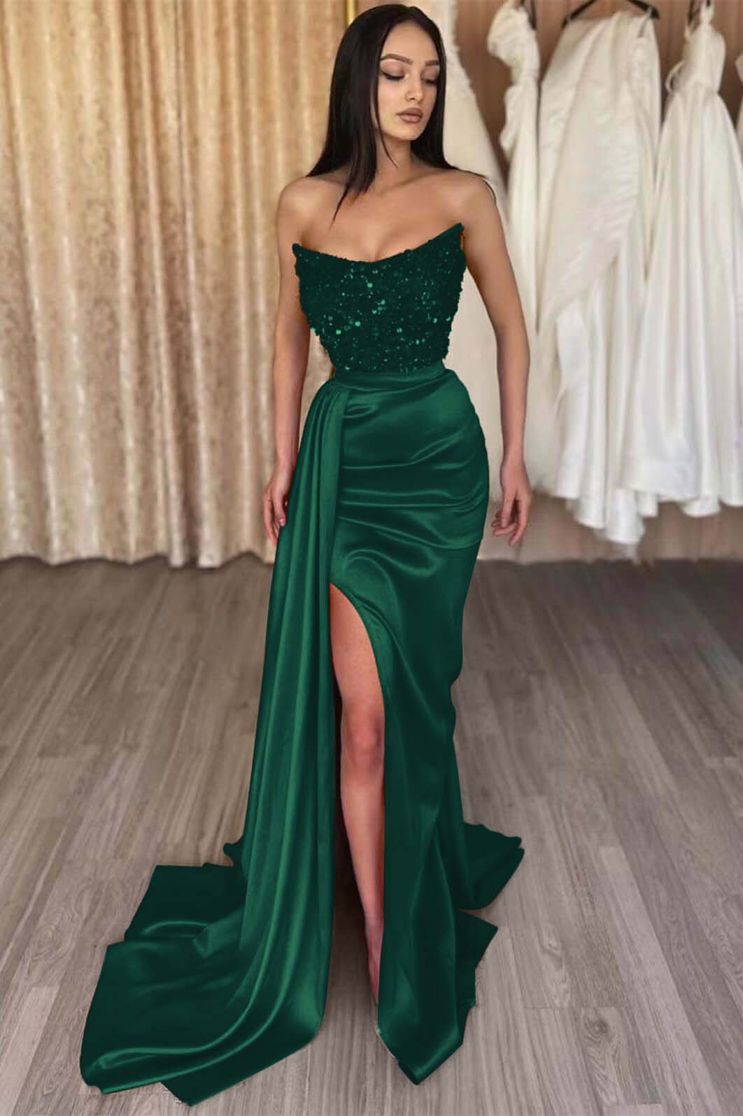 Red Strapless Elegant Sleeveless Long Sequins Prom Dress Mermaid Side Split BMBRIDE