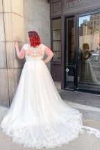 Wide Straps V-Neck A-Line Wedding Dress With Appliques Lace Charming BM bride