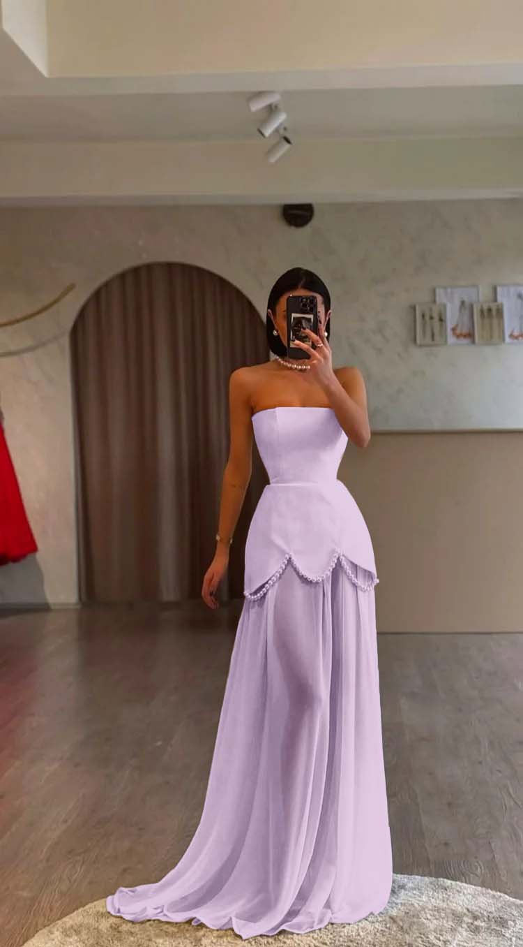 White Strapless Sleeveless Long Prom Dress With Pleated Beading BMBRIDE
