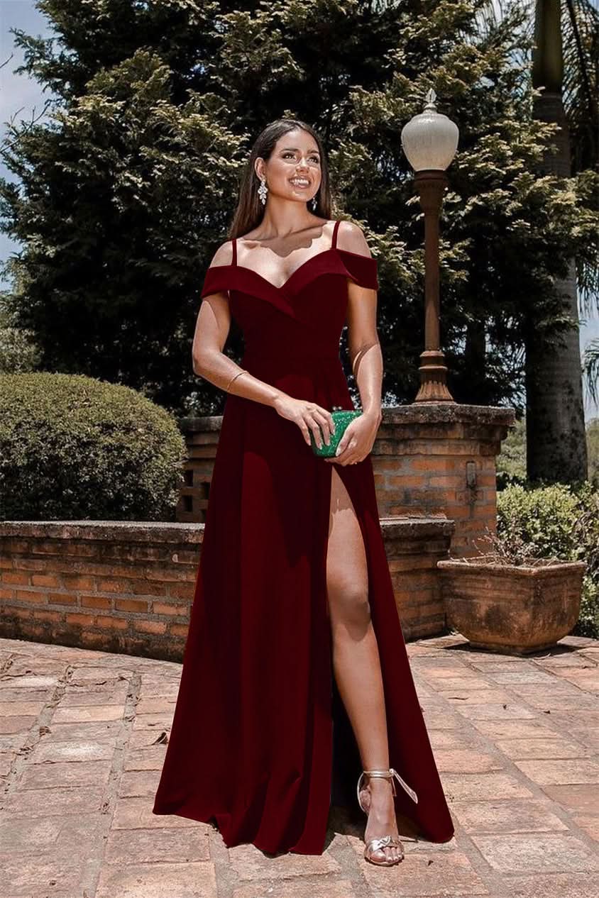 Burgundy Sweetheart Sequins Prom Dress with Front Split and Spaghetti-Straps BM bride