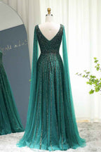 Emerald V Neck A Line Prom Dress Cap Sleeves Tulle With Beaded Appliques