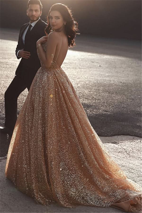 Gold Sequins Long Prom Dress BM bride