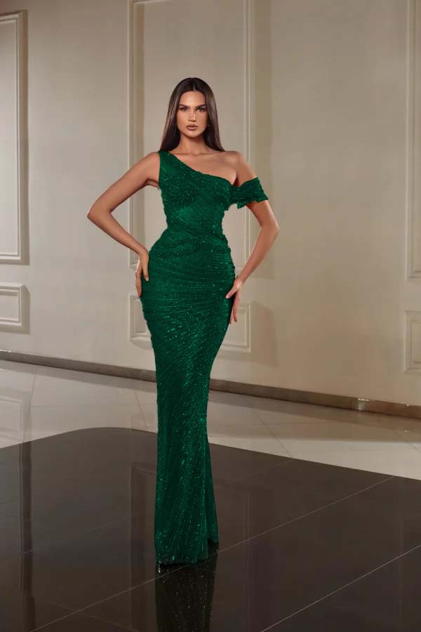 One Shoulder Sleeveless Long Mermaid Prom Dress With Beading