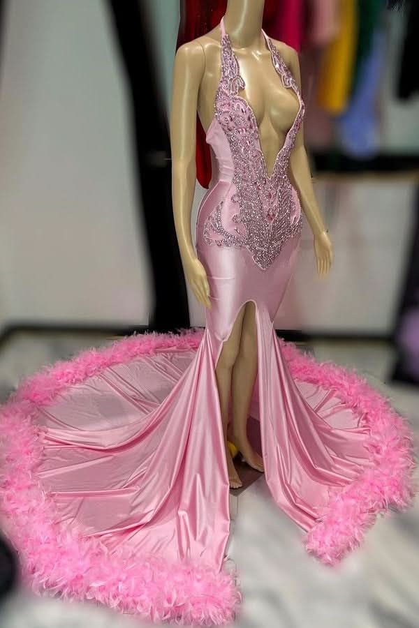 Sexy Pink Sleeveless V-Neck Prom Dress with Appliques and Feather Slit BM bride