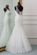Jewel Neck Backless Long Mermaid Wedding Dress with Tulle Lace BM bride
