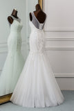Jewel Neck Backless Long Mermaid Wedding Dress with Tulle Lace BM bride