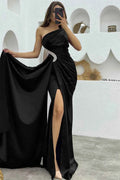 Black Sleeveless One Shoulder Long Split Pleated Prom Dress With Rhinestone
