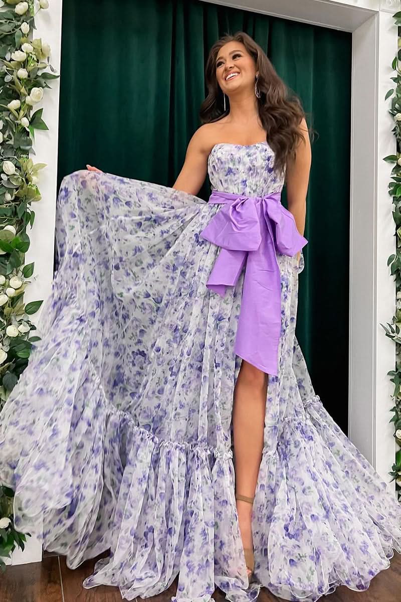 Fashionable Chic Floral Printed Chiffon Strapless Long Prom Dresses,Formal Dresses,Prom Gowns,Women Formal Gowns,Quincea?Era Dresses,Cocktail Dresses,Prom Dress Custom Size with Slit BM bride