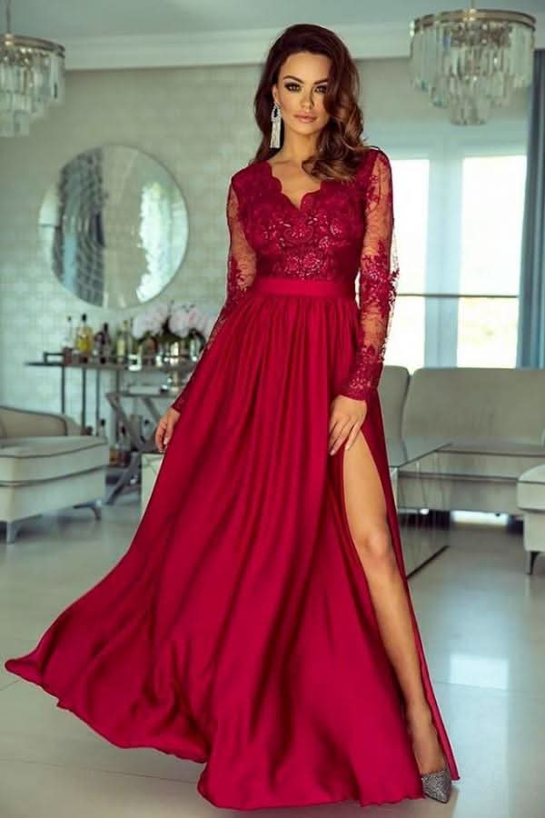 Long Sleeve V-Neck Lace Prom Dress with Slit BM bride