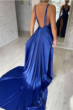 Royal Blue V Neck Long Evening Dress with Split Mermaid BM bride